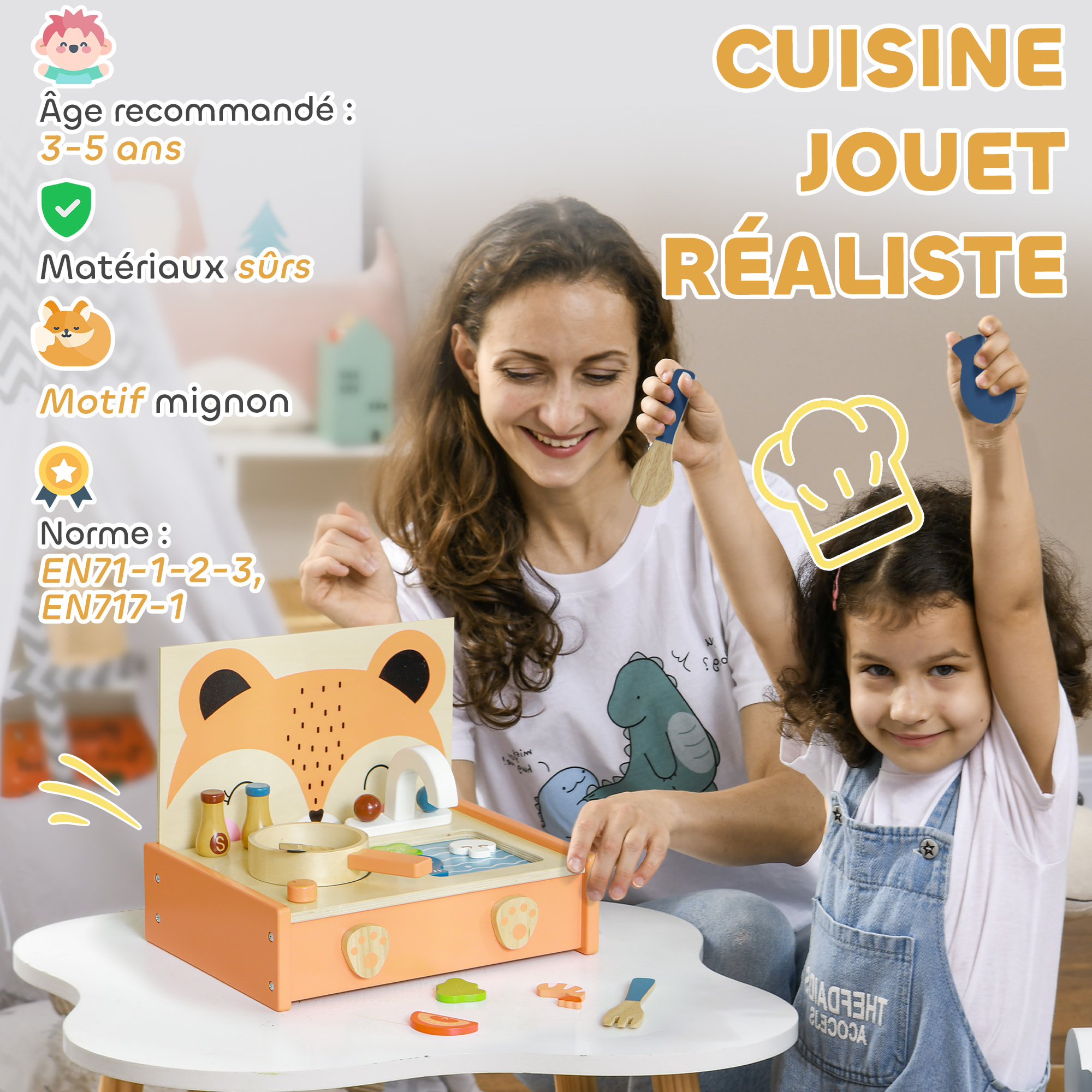 Mini-cuisine en bois cuisine enfant motif renard jouet d'imitation pour enfant avec 12 accessoires poêle spatule condiments fruits légumes - pour 3-5 ans