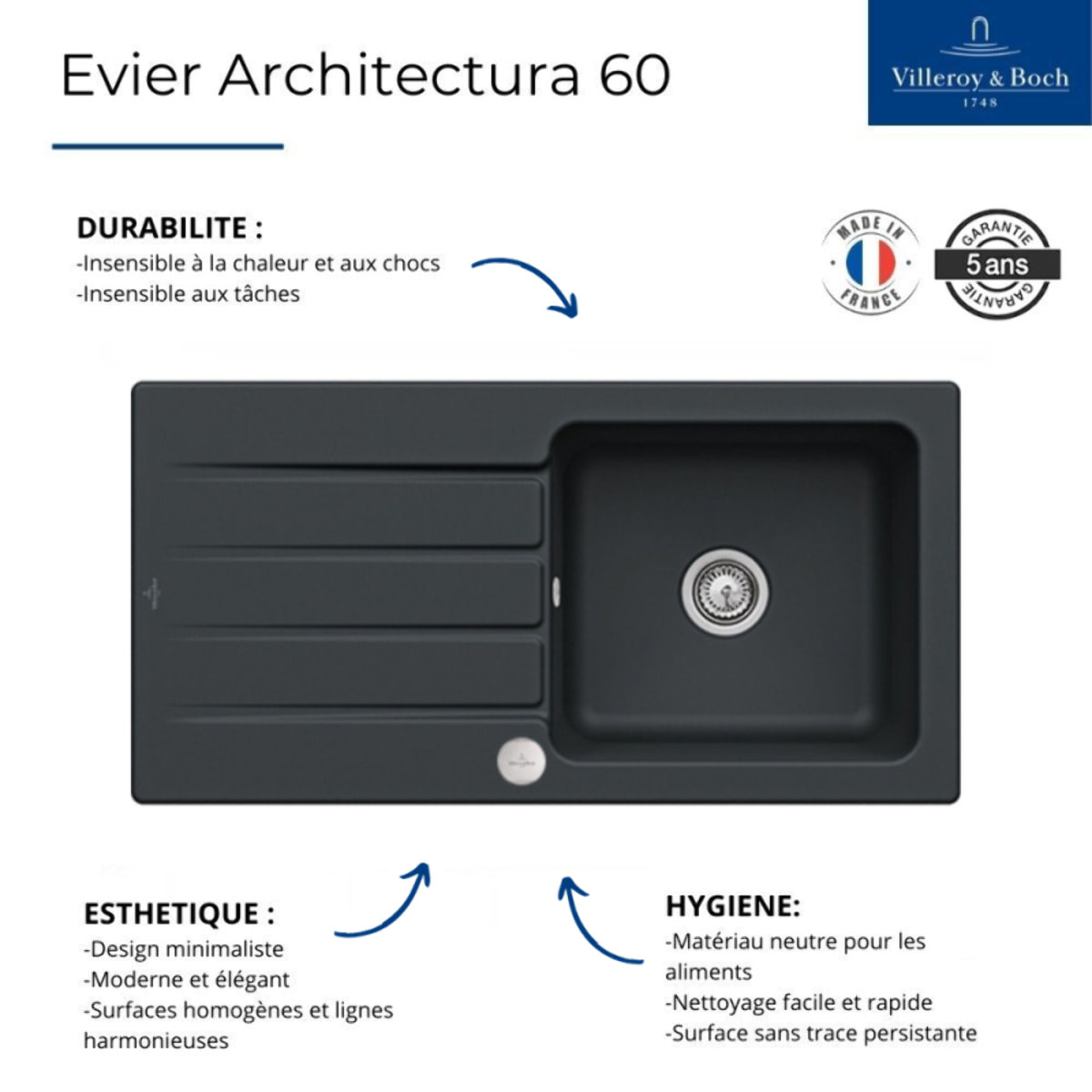 Evier 1 bac Architectura 60 Pure Black avec vidage automatique