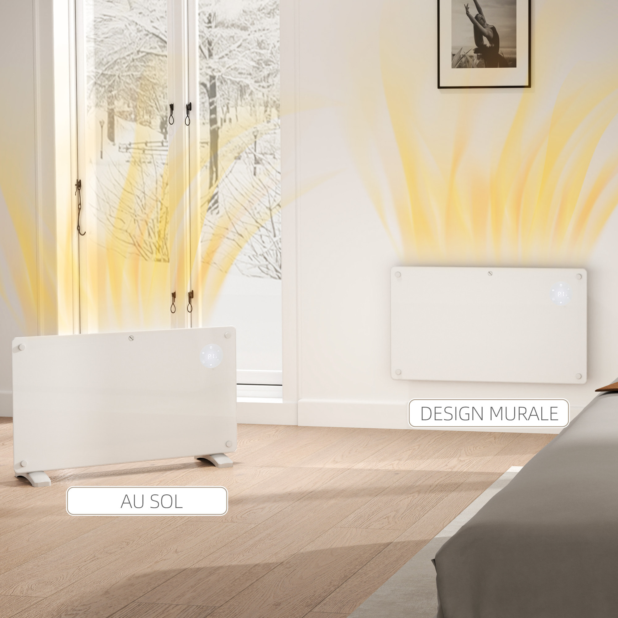 Radiateur à convection 1500W mural autoportant - affichage LED, timer 24h, thermostat, télécommande - verre blanc