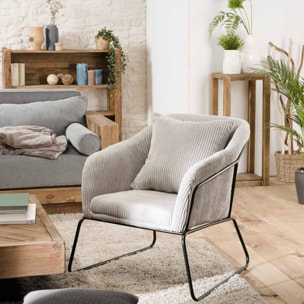 ALBANE - Fauteuil tissu velours cotelé gris perle pieds évasés métal