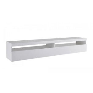 Mobile da soggiorno Porta TV, Made in Italy, Supporto per TV a 1 anta a ribalta e ripiani, cm 200x45h36, colore Bianco lucido, con luce LED bianca