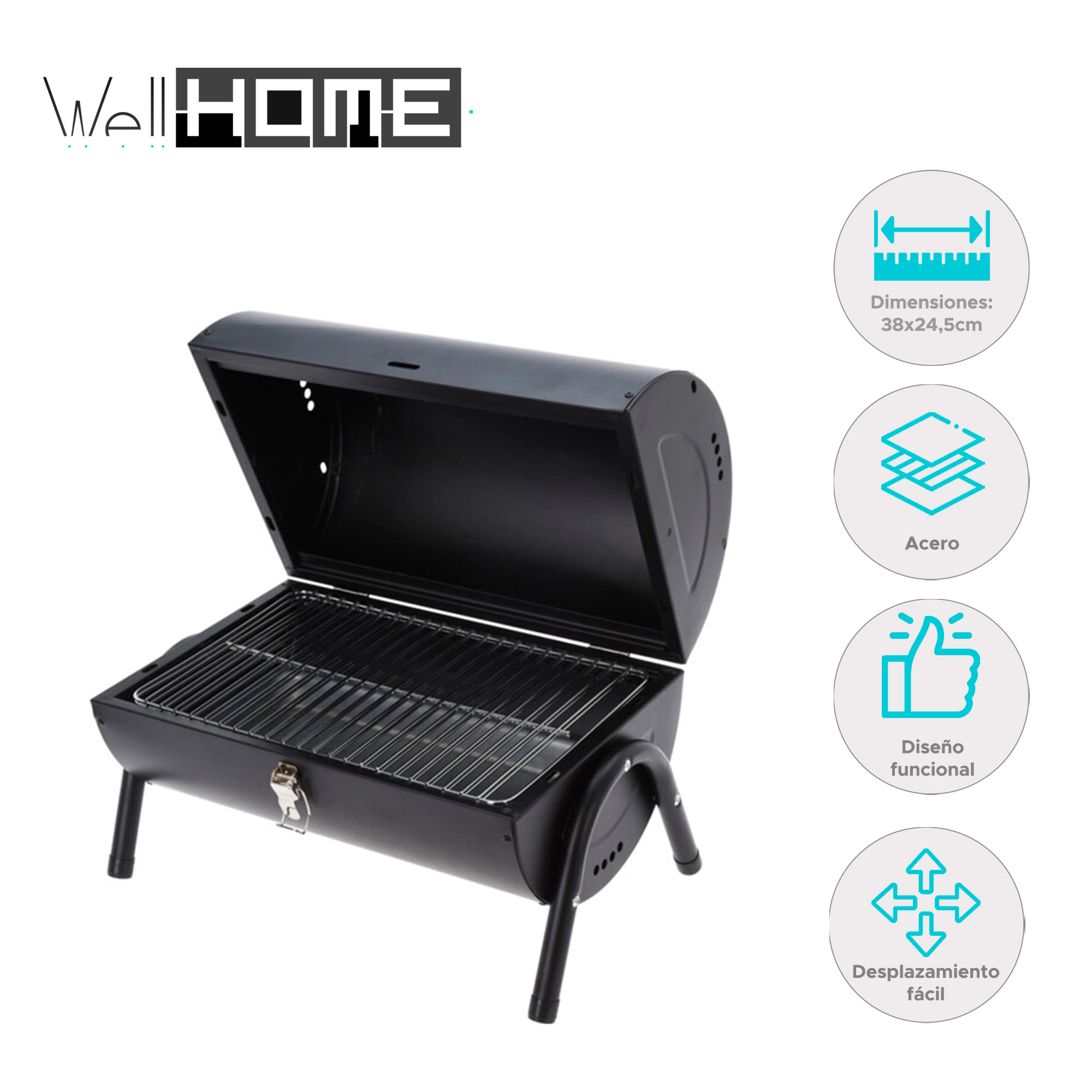 Barbacoa cilindro de metal negro mate con mango de madera y patas metálicas - Incluye 2 rejillas y 2 placas metálicas 38x24,5cm