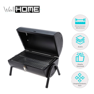 Barbacoa cilindro de metal negro mate con mango de madera y patas metálicas - Incluye 2 rejillas y 2 placas metálicas 38x24,5cm