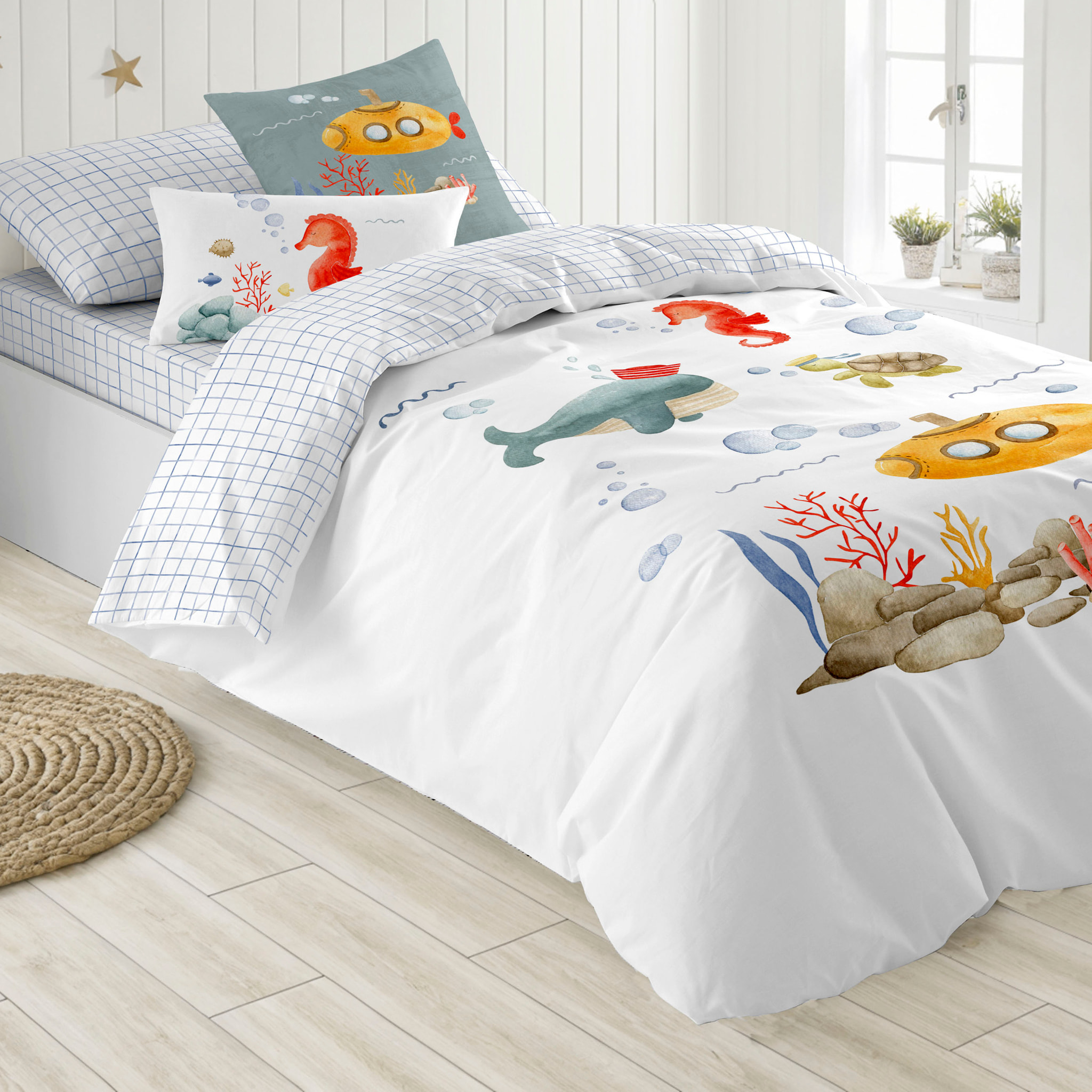 Cool Kids - Funda Nórdica Estampada - Reversible - Infantil - Cierre Solapa - 100% Algodón - Incluye 1 Funda de Almohada - Submarine