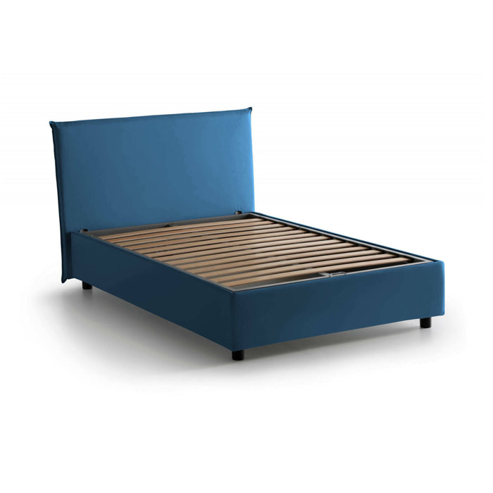 Letto piazza e mezza Chicca, Letto contenitore con rivestimento in tessuto, 100% Made in Italy, Apertura frontale, con materasso Cm 120x200 incluso, Blu