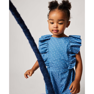 MONO CON VOLANTES DENIM Y FLORES BLANCAS