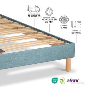 Sommier Lumière Technologie Tri-Lattes, tissu vert d’eau, Bois Épicéa, H30 cm, Lattes Actives, Aération Optimale