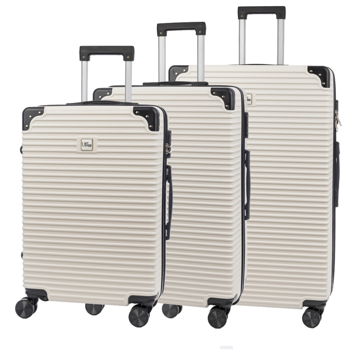 Juego de 3 maletas Trolley, en material ligero ABS de alta resistencia con esquinas reforzadas. Cerradura numérica y 4 ruedas dobles extraíbles y giratorias 360°.