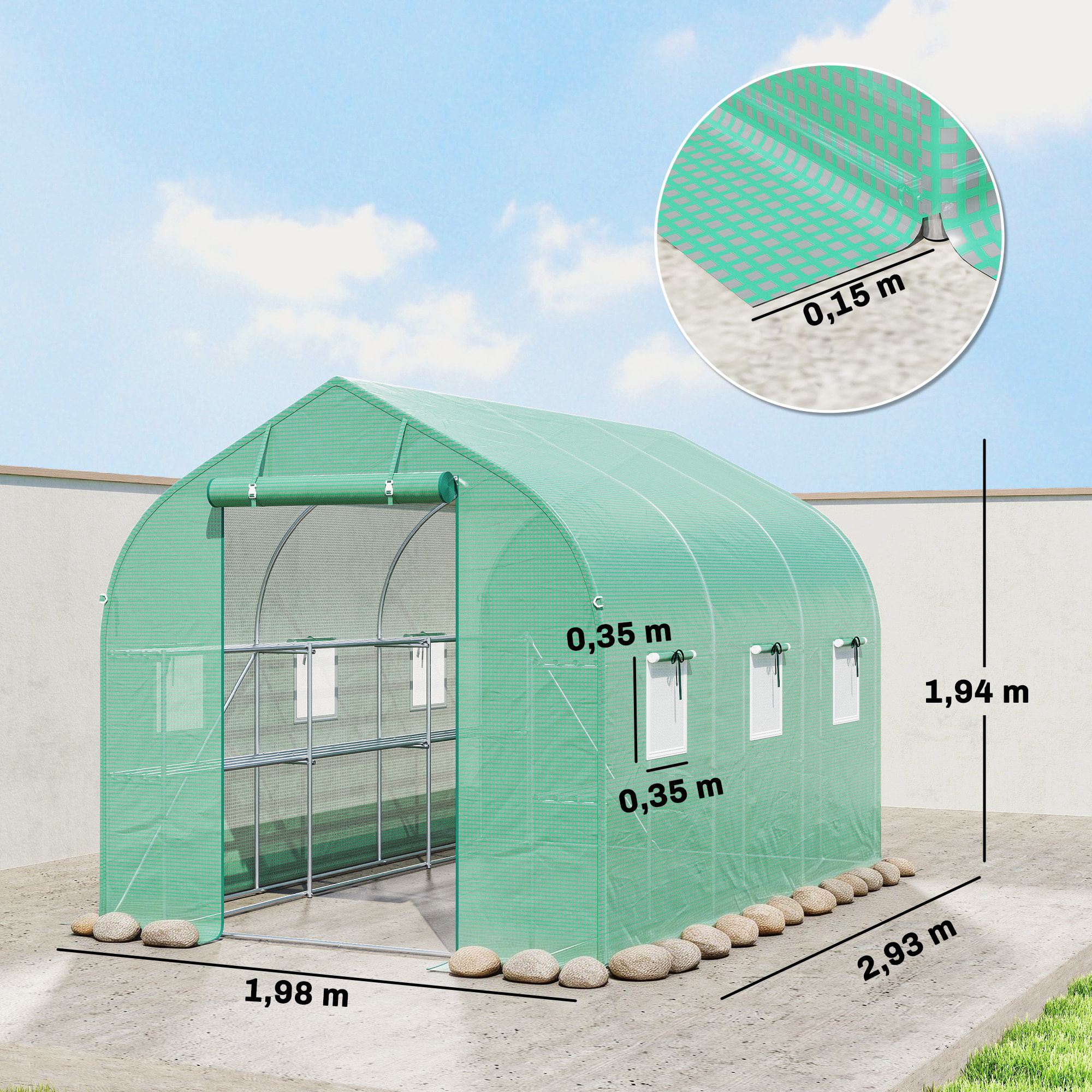 Serre tunnel de jardin étagères 6 fenêtres bâche PE acier vert
