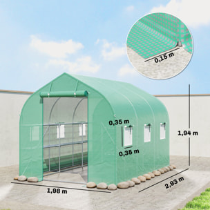 Serre tunnel de jardin étagères 6 fenêtres bâche PE acier vert