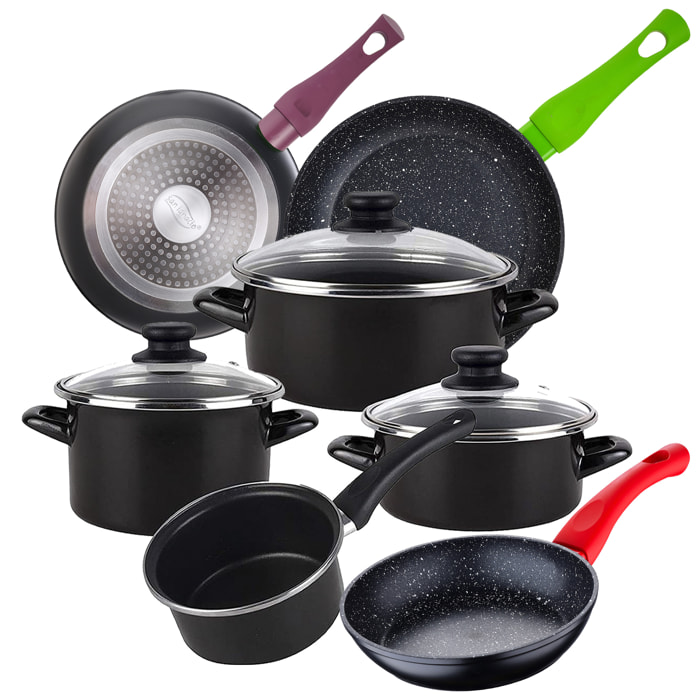 Bateria de cocina 7 piezas MAGEFESA Kenia de acero vitrificado con juego de sartenes (20/24/28 cm) SAN IGNACIO Jolie en aluminio forjado