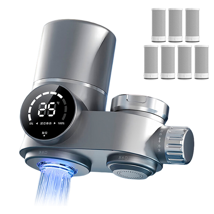 Purificador de agua 716 para grifo con pantalla inteligente, filtro antical y de cloro, sistema de filtración multicapa, doble salida y tecnología UV antibacteriana. Incluye 8 filtros.