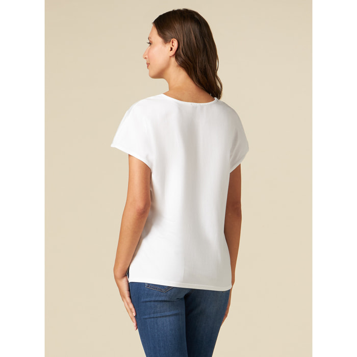 Oltre - T-shirt bimaterica scollo a V - Bianco