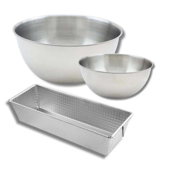 Set comprenant 1 Moule à cake en acier étamé, 1 spatule Zenker et 2 bols à mixer en inox Fackelmann