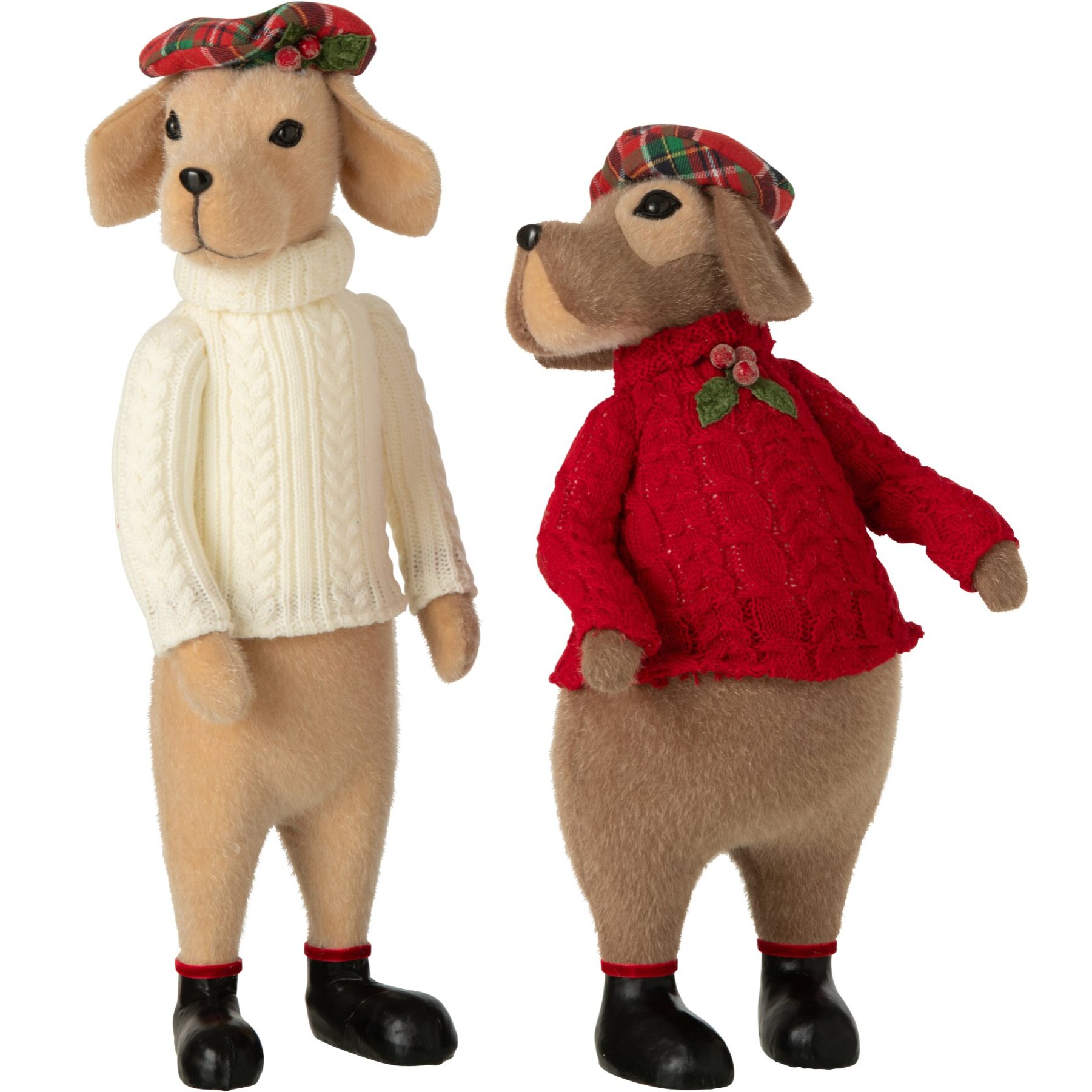 J-Line chiens avec béret - tissu - beige/rouge Noël - assortiment de 2