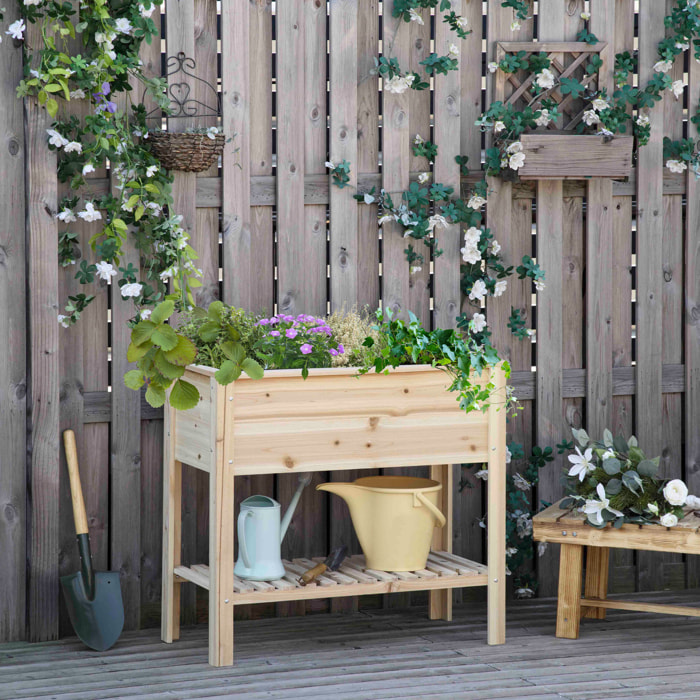Outsunny Huerto Urbano Elevado con Estante Mesa Jardinera de Cultivo de Madera con Tela no Tejida para Cultivos Plantas Flores Jardín 90x40x81 cm Natural