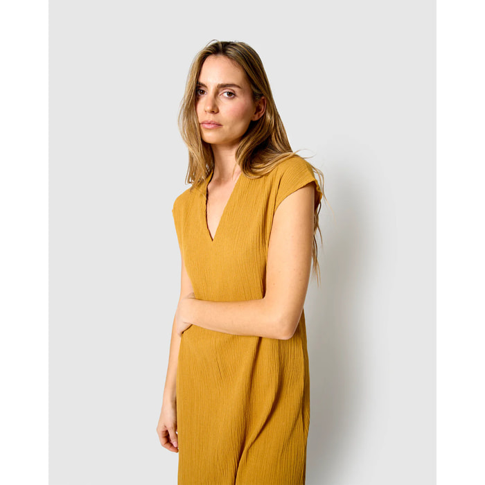 Vestido corto algodón lino ocre