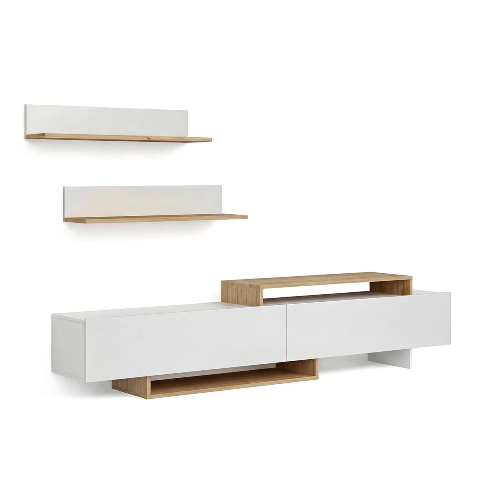 Salón con mueble TV y estanterías en blanco artik y alpino 200 cm Bender Blanco Artik (Blanco Mate) - Alpino