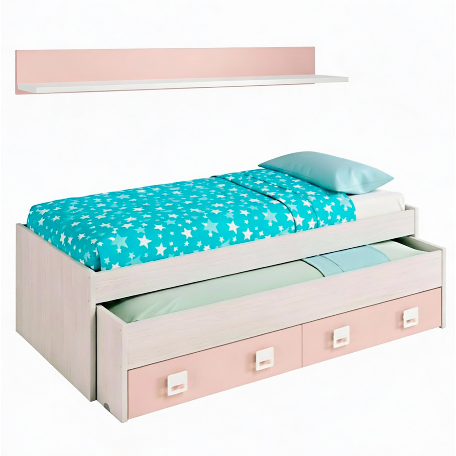 Letto Con Letto Estraibile 2 Cassetti E Mensola Letto Salvaspazio Contenitore Cameretta Bambini Ragazzi 65 x 199 x 96 Cm Bianco Alpi e Rosa