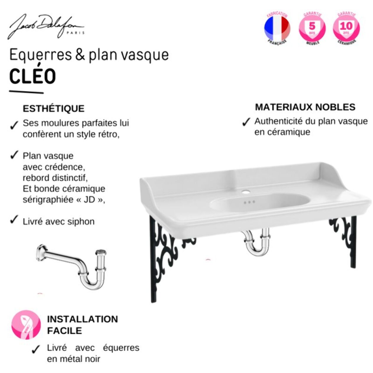 Pack plan vasque suspendu Cléo 1889 + siphon chromé