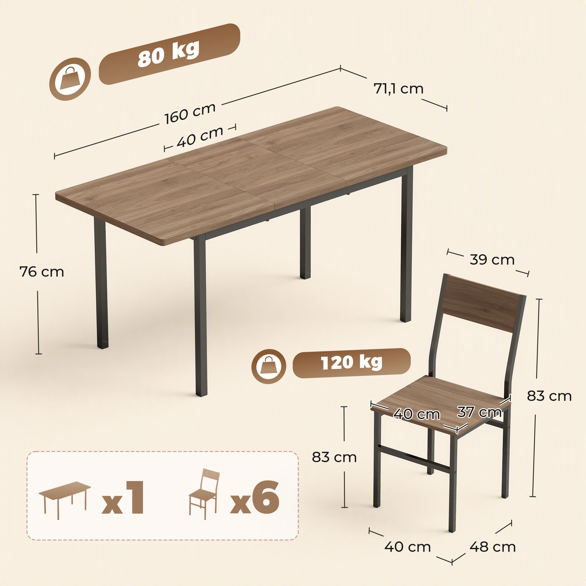 HOMCOM Conjunto de Mesa y 6 Sillas de Comedor de 7 Piezas, Mesa de Cocina Extensible 120-160 cm con 6 Sillas Apilables, Ahorro de Espacio, para 4-6 Personas, Marco Metálico, Marrón Efecto Madera