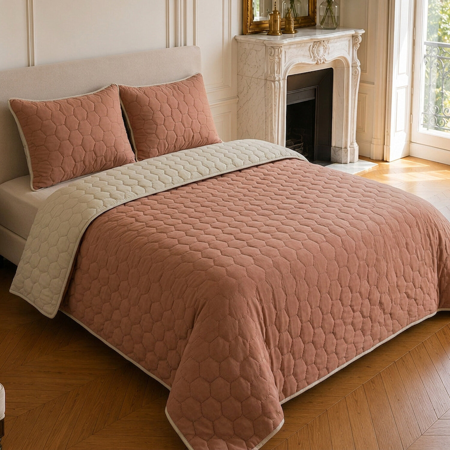 Couvre-lit matelassé réversible 100% polyester bicolore rose - NAZIM