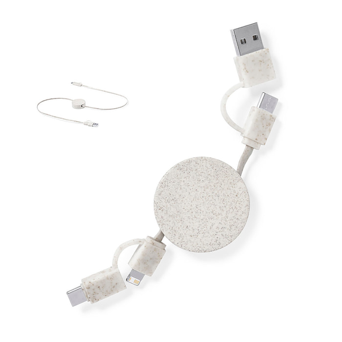 Cable Cargador triple datos. Extensible. Nature caña de trigo Micro USB, Tipo C y Lightning 9V DC 2.1A