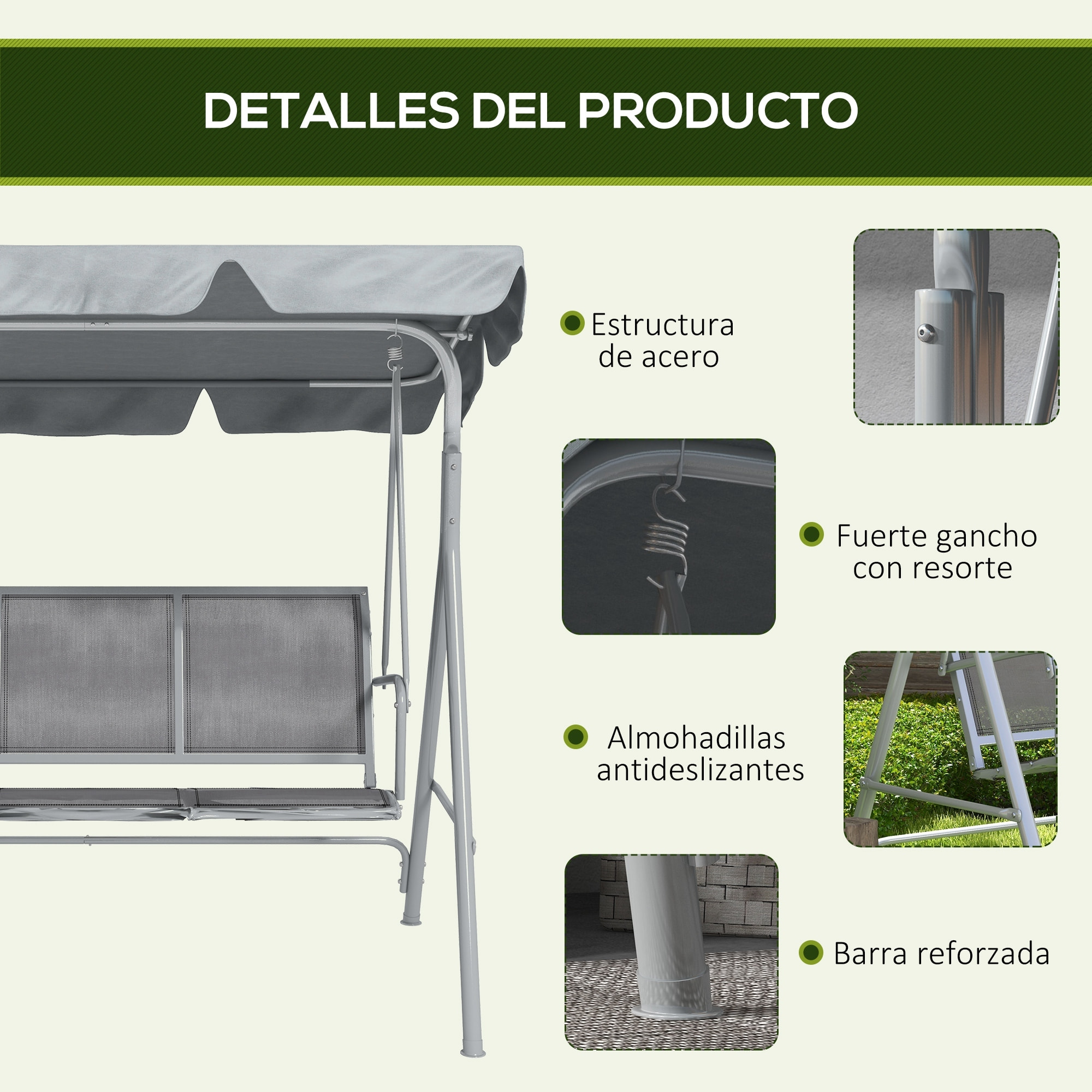 Outsunny Balancín Jardín Exterior Columpio Exterior de 3 Plazas con Toldo Ajustable Respaldo Transpirable y Marco de Metal para Terraza Balcón Carga 240 kg 171x108x154 cm Gris