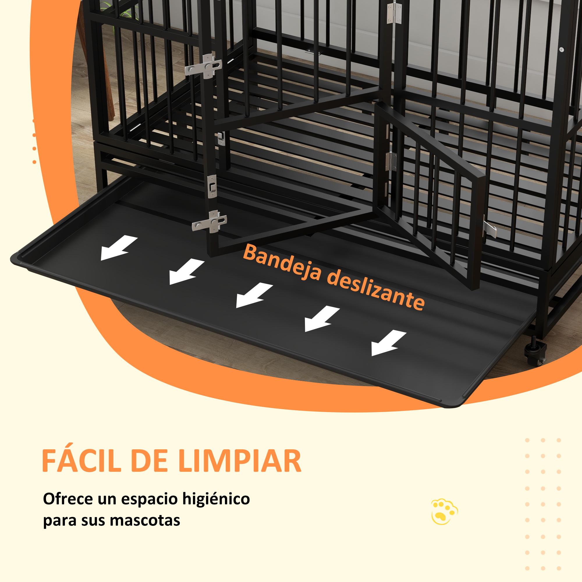 PawHut Jaula para Perros Grandes 123x74x125 cm Perrera Metálica con Ruedas Bandeja Extraíble Cerraduras 2 Puertas Frontal 1 Puerta en Techo y Marco de Acero Negro