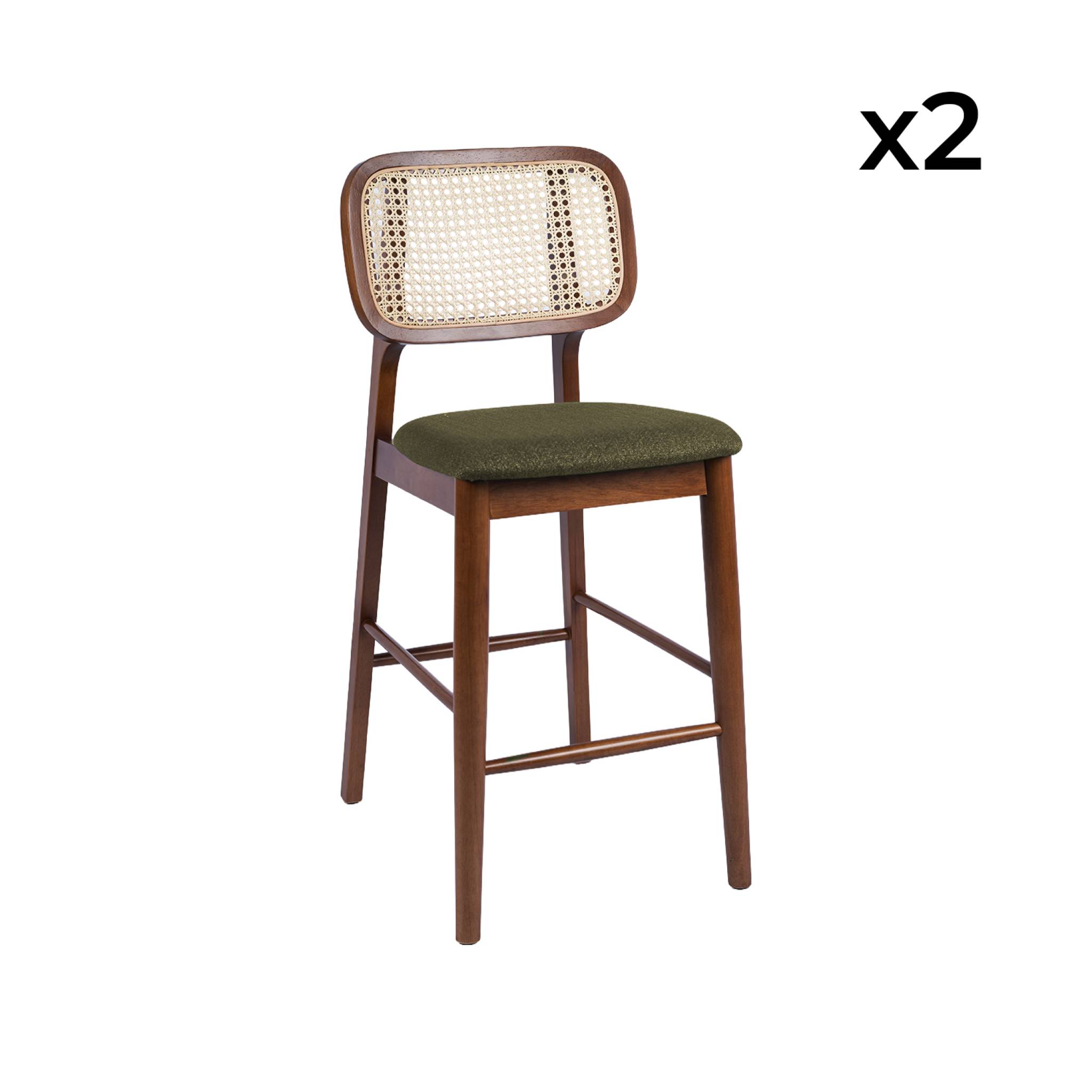Tabouret de bar vintage bois d'hévéa cannage et tissu 66,5cm (lot de 2) MANI