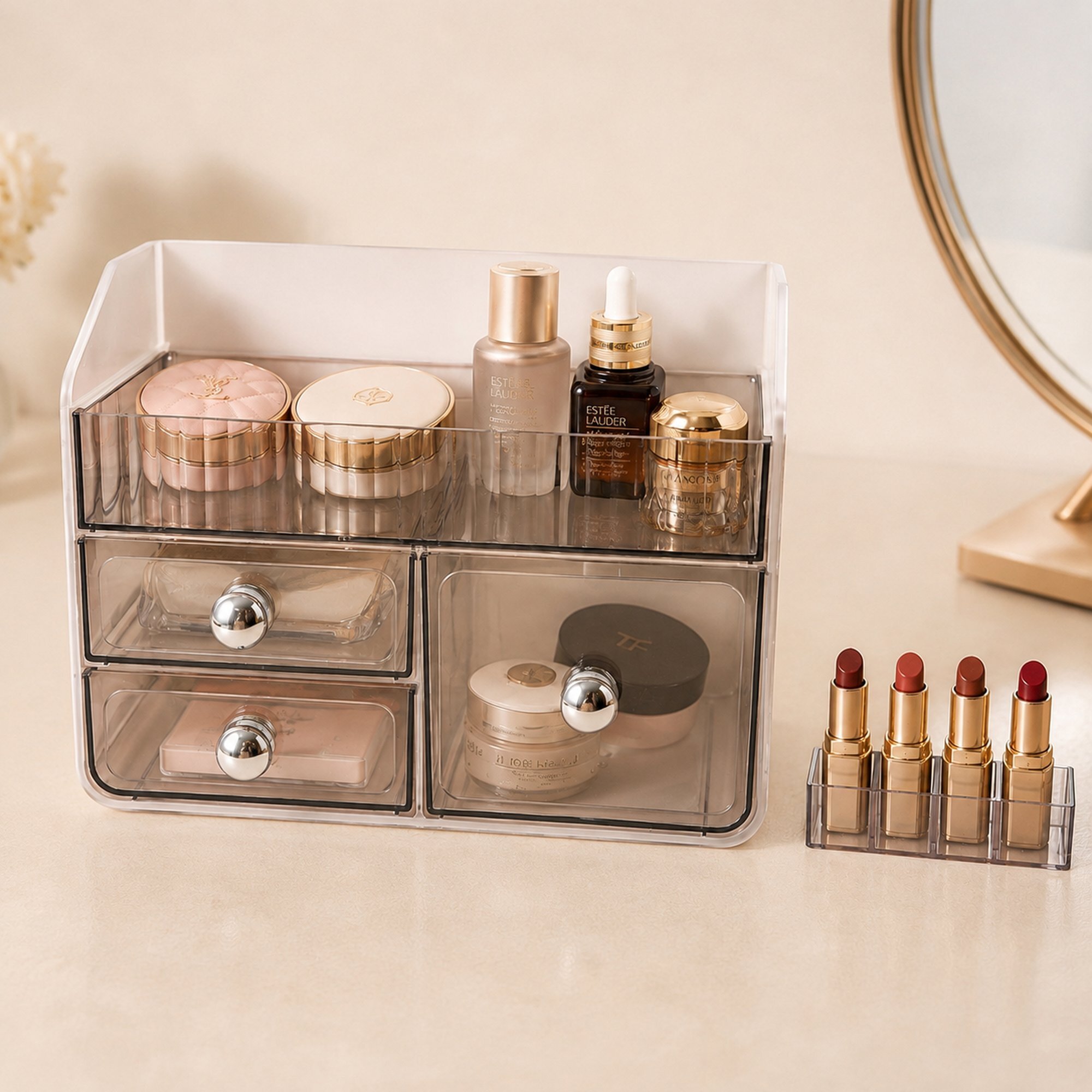 Organizador de maquillaje blanco con soporte para labiales y 2 cajones