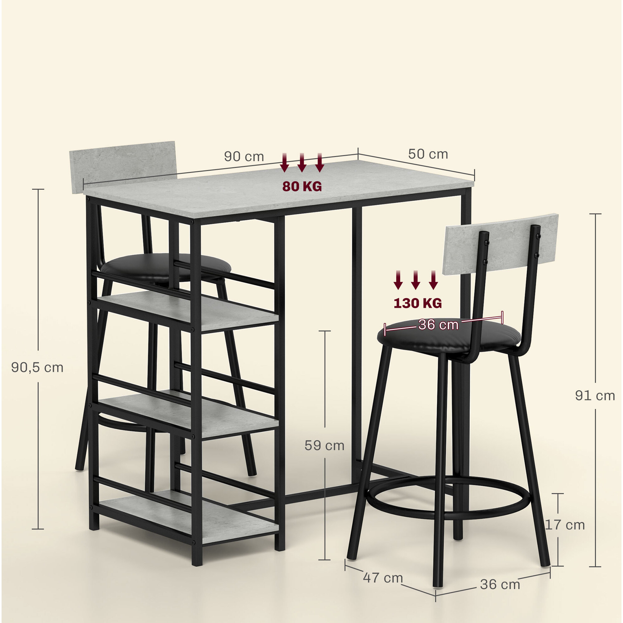 Conjunto de Mesa Alta de Bar con 2 Taburetes Mesa Alta de Cocina con Taburetes Estantes Laterales Asiento Acolchado y Barra para Descanso de Pies para Comedor Gris Oscuro
