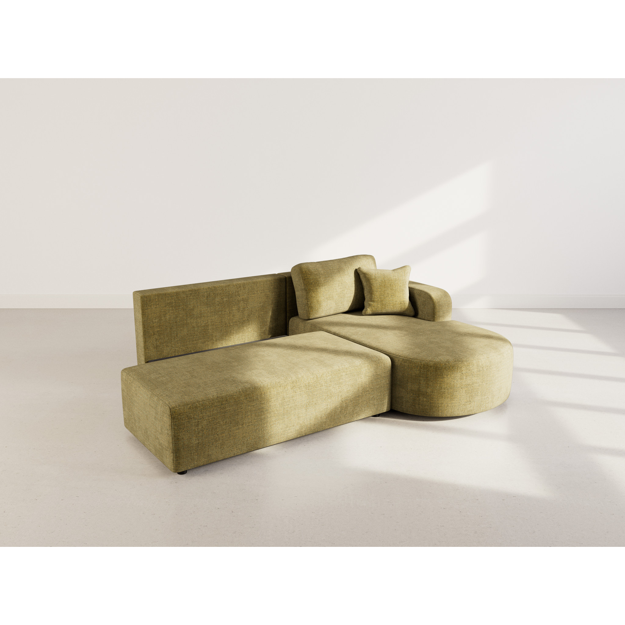 Miro - Canapé d'angle droit 4 places convertible avec coffre en velours texturé - Vert Olive