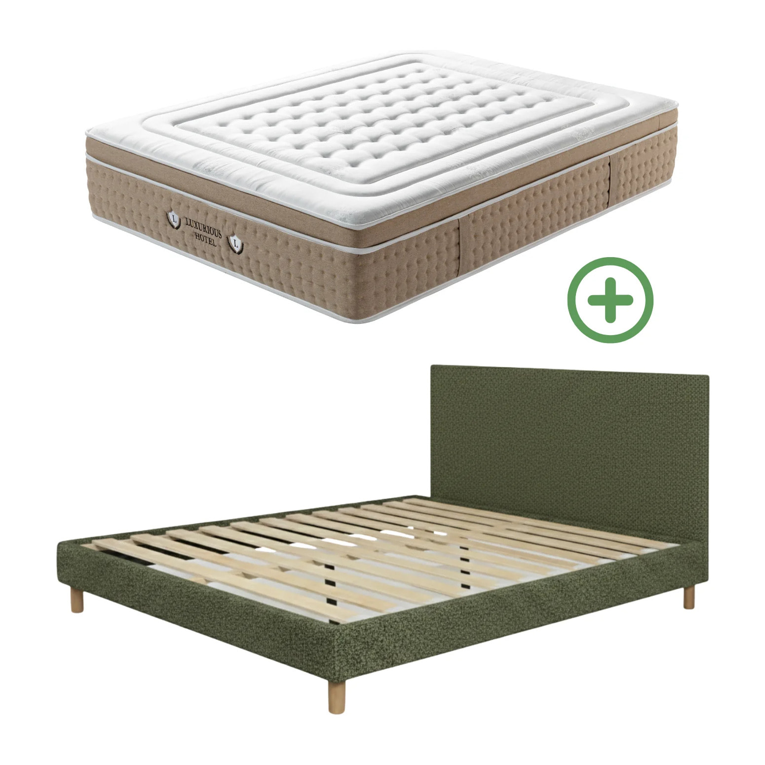 Ensemble matelas Bali & lit fixe Colisée | Mémoire de forme et ressorts ensachés | cadre à lattes | Velours côtelé | Bleu nuit