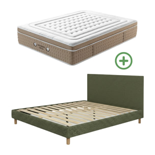 Ensemble matelas Bali & lit fixe Colisée | Mémoire de forme et ressorts ensachés | cadre à lattes | Velours côtelé | Bleu nuit