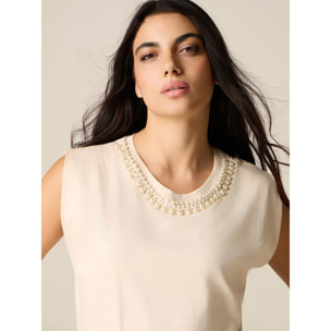 Oltre - Camiseta de algodón con perlas - Beige