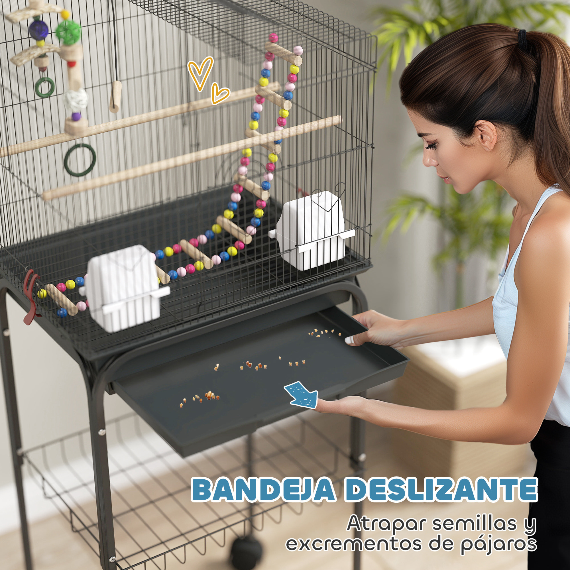 Jaula para Pájaros con Ruedas Pajarera con Cesta Múltiples Puertas 2 Comederos 2 Perchas Columpio Escaleras y Bandeja Extraíble para Loros Canarios Periquitos 46x36x120 cm Negro