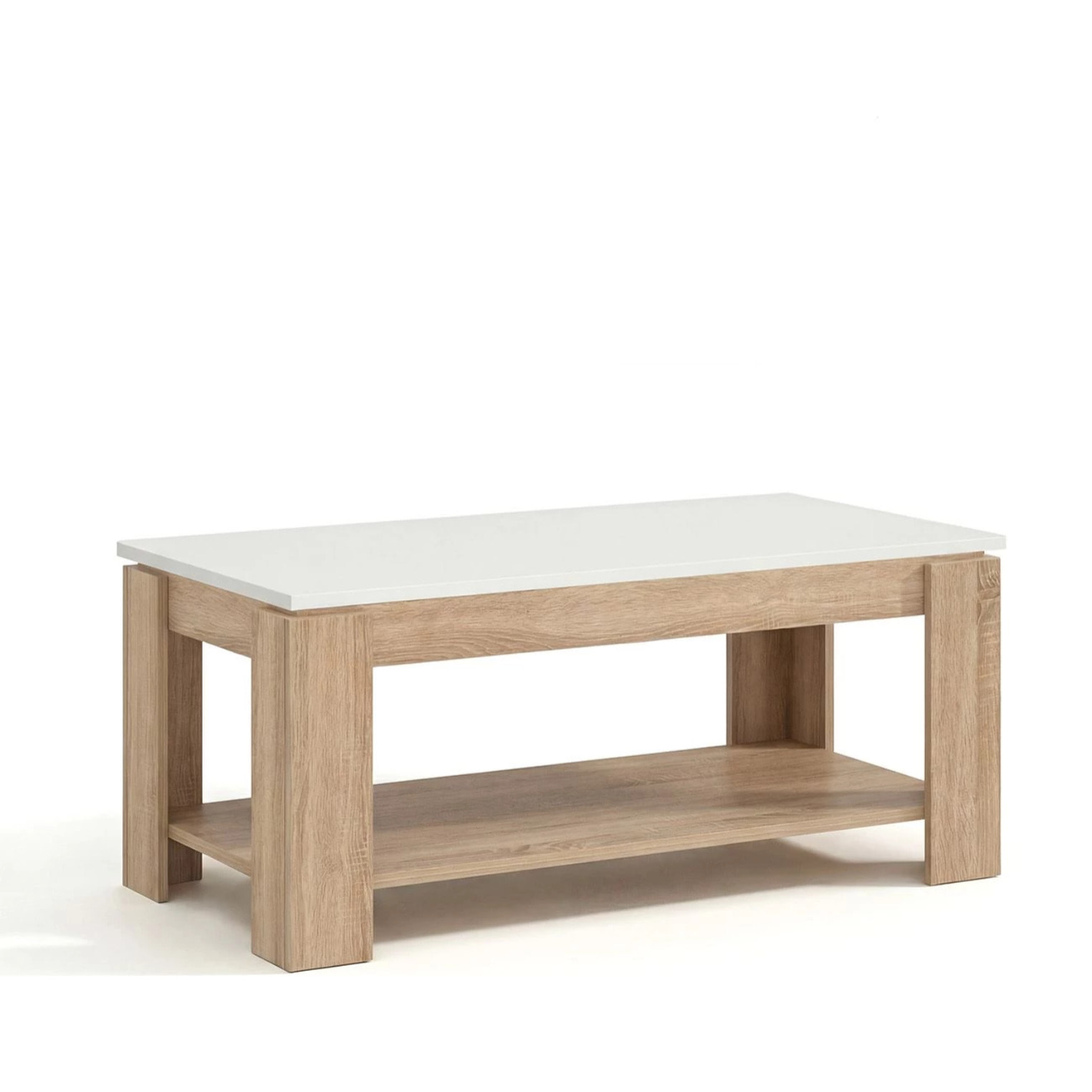 Mesa de centro elevable con almacenaje en roble canadian y blanco artik 102x43-54 cm Lya Roble Canadian - Blanco Artik (Blanco Mate)