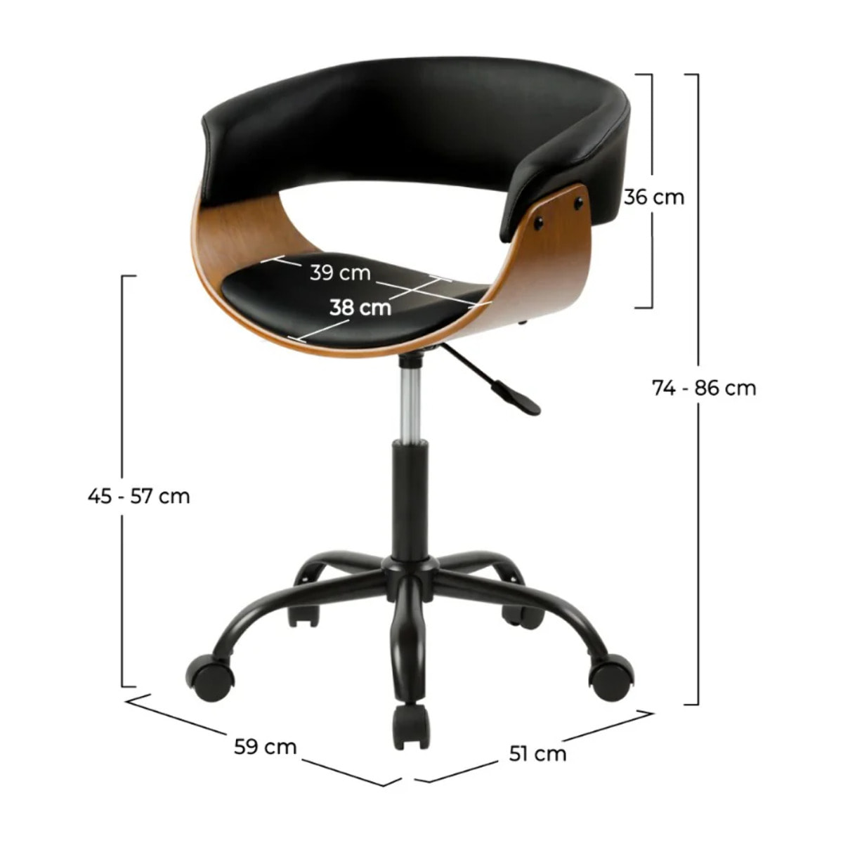 Chaise de bureau pivotante sur roulettes en bois et PU noir - Basile