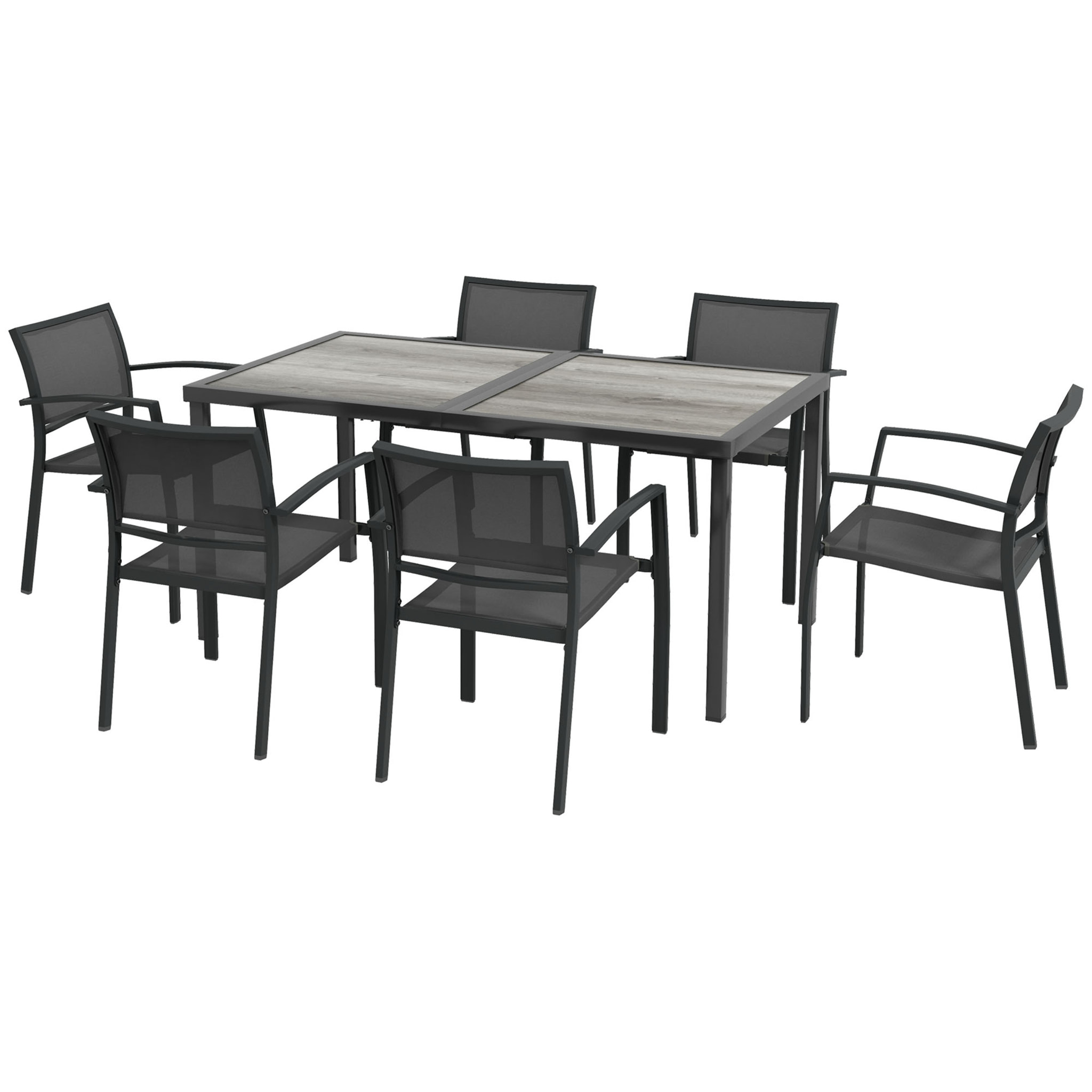 Ensemble salon de jardin 6 places 7 pièces avec table à manger acier textilène aspect bois gris