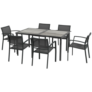 Ensemble salon de jardin 6 places 7 pièces avec table à manger acier textilène aspect bois gris