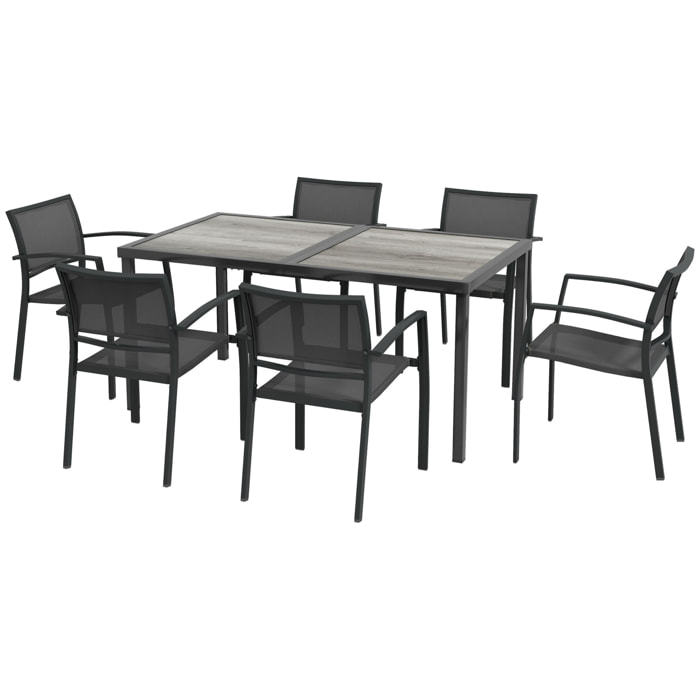 Ensemble salon de jardin 6 places 7 pièces avec table à manger acier textilène aspect bois gris