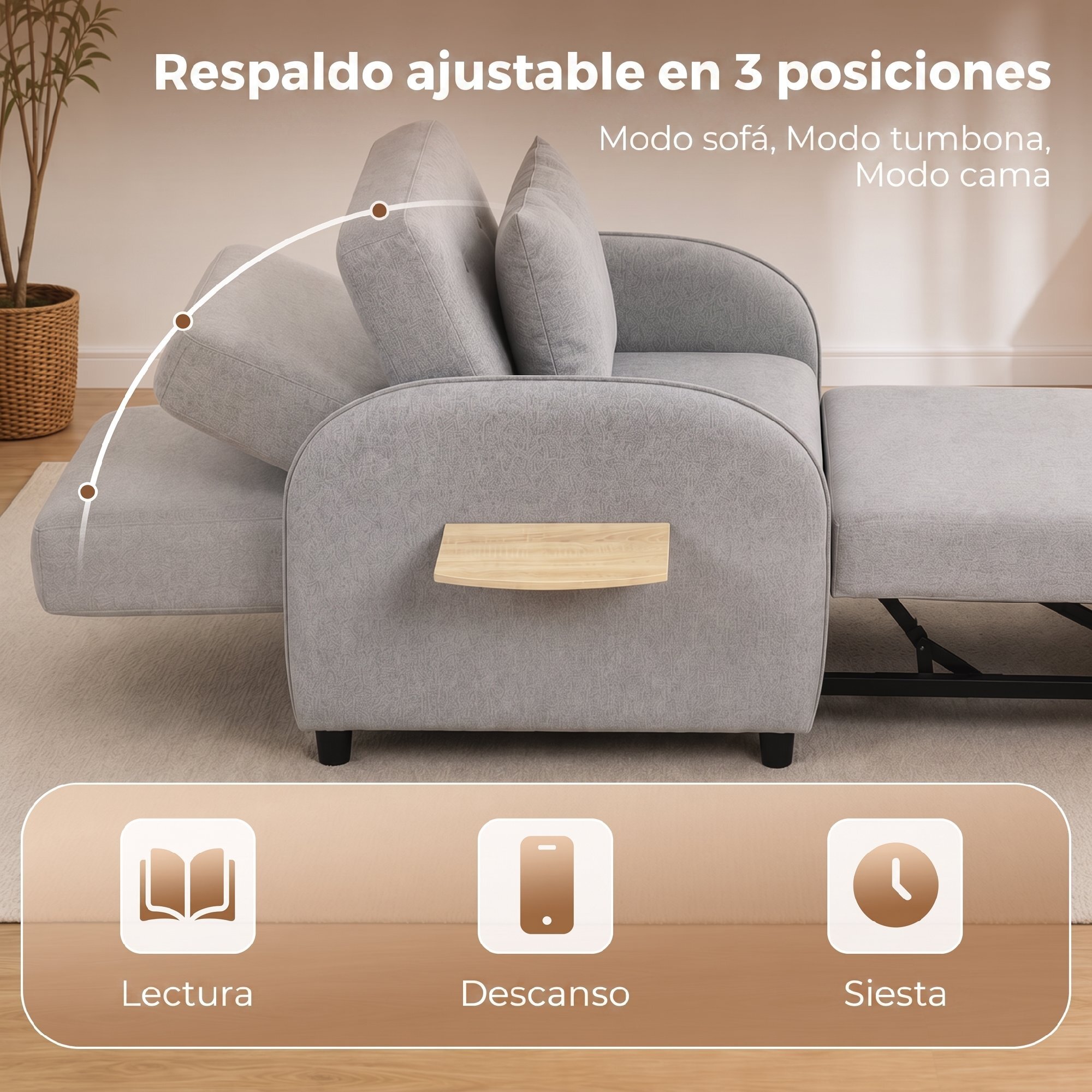 Sofá Cama 1 Plaza Convertible, 3 en 1, con Mesa Lateral Plegable, Sillón Cama con Respaldo Ajustable, Almohada con Funda Lavable, Bolsillo Lateral, para Salón, Dormitorio, Gris