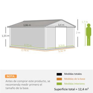 Caseta de Jardín Exterior 12,4 m² 340x386x200 cm Cobertizo de Jardín Exterior Metálico con Puerta Corredera, Base Refuerzo (Suelo NO Incluido) y Ventanas Gris Oscuro