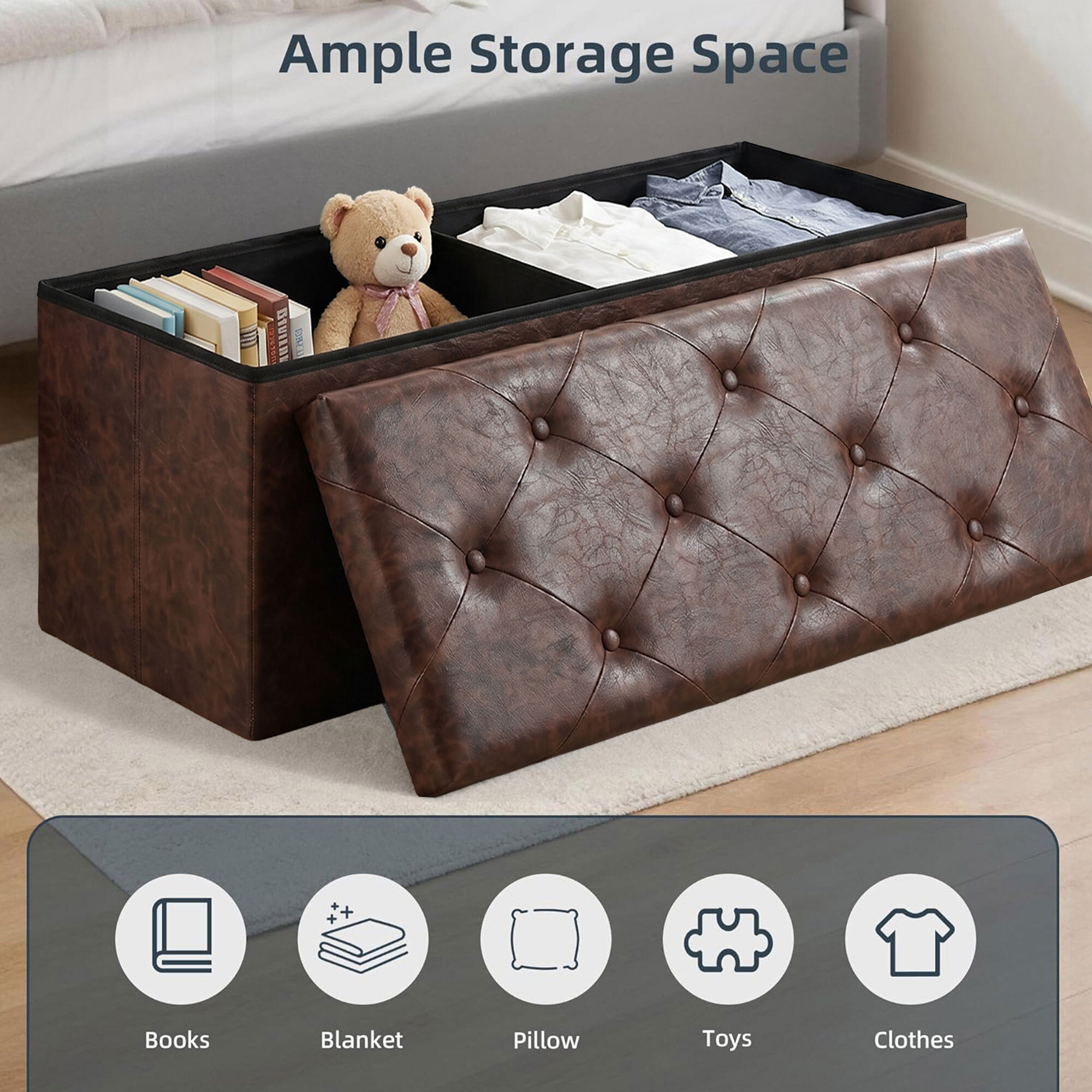 Nemora Saddle 110 - Cassapanca Ottomana 109,2x38,1x38,1 cm Pouf Contenitore Poggiapiedi in Similpelle Marrone