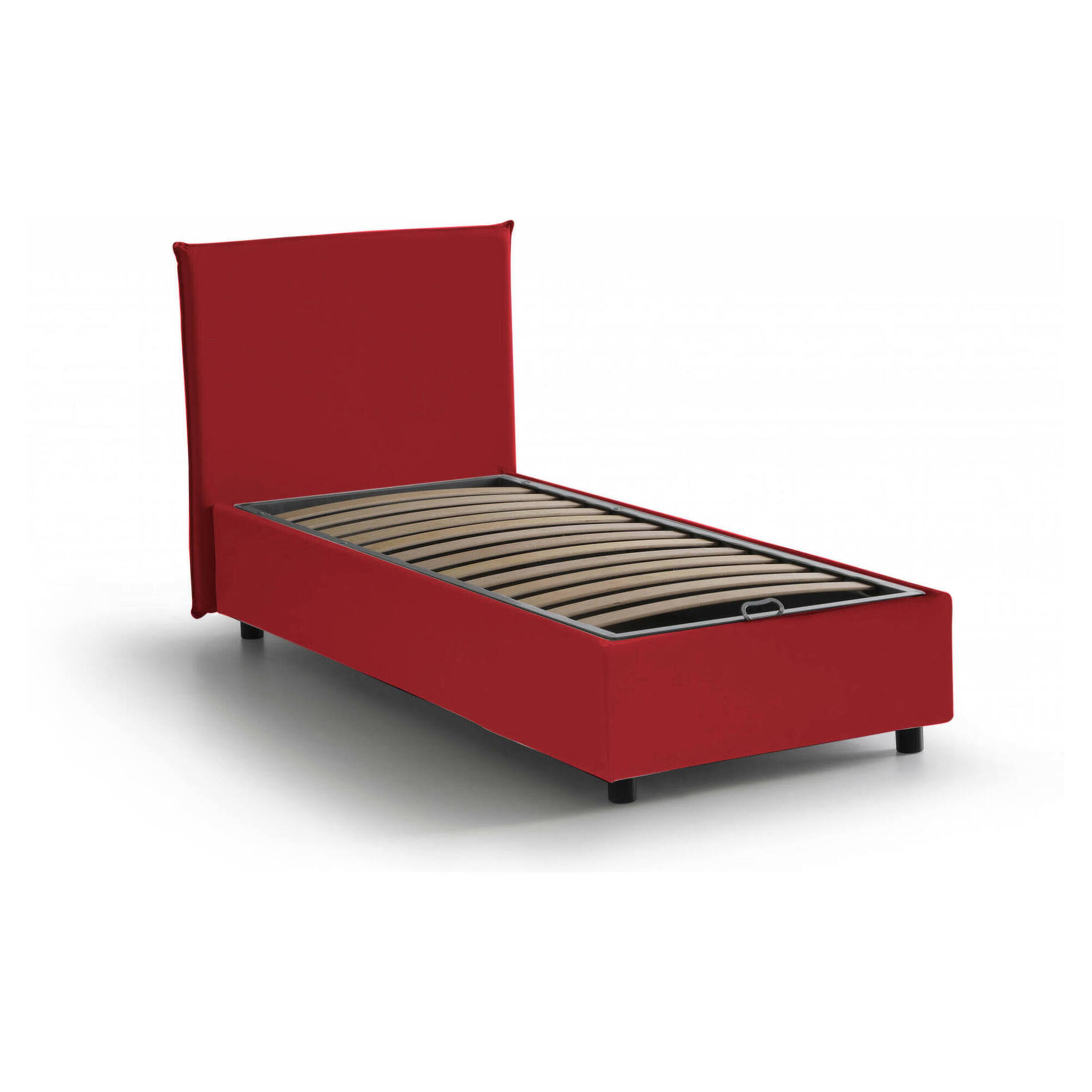 Letto singolo Acuila, Letto contenitore con rivestimento in tessuto, 100% Made in Italy, Apertura laterale, adatto per materasso Cm 80x190, Rosso