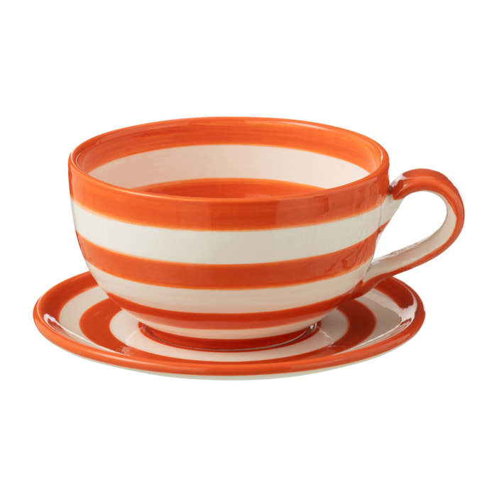 J-Line tasse + sous-tasse Granada Stripes - céramique - blanc/orange
