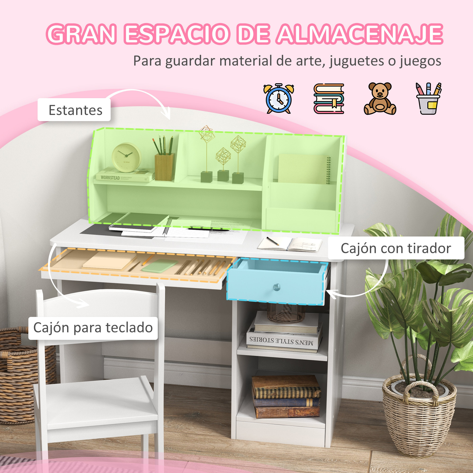 Juego de Escritorio y Silla para Niños de +5 Años Pupitre Infantil con 2 Cajones y Compartimento para Dormitorio Sala Estudio Blanco