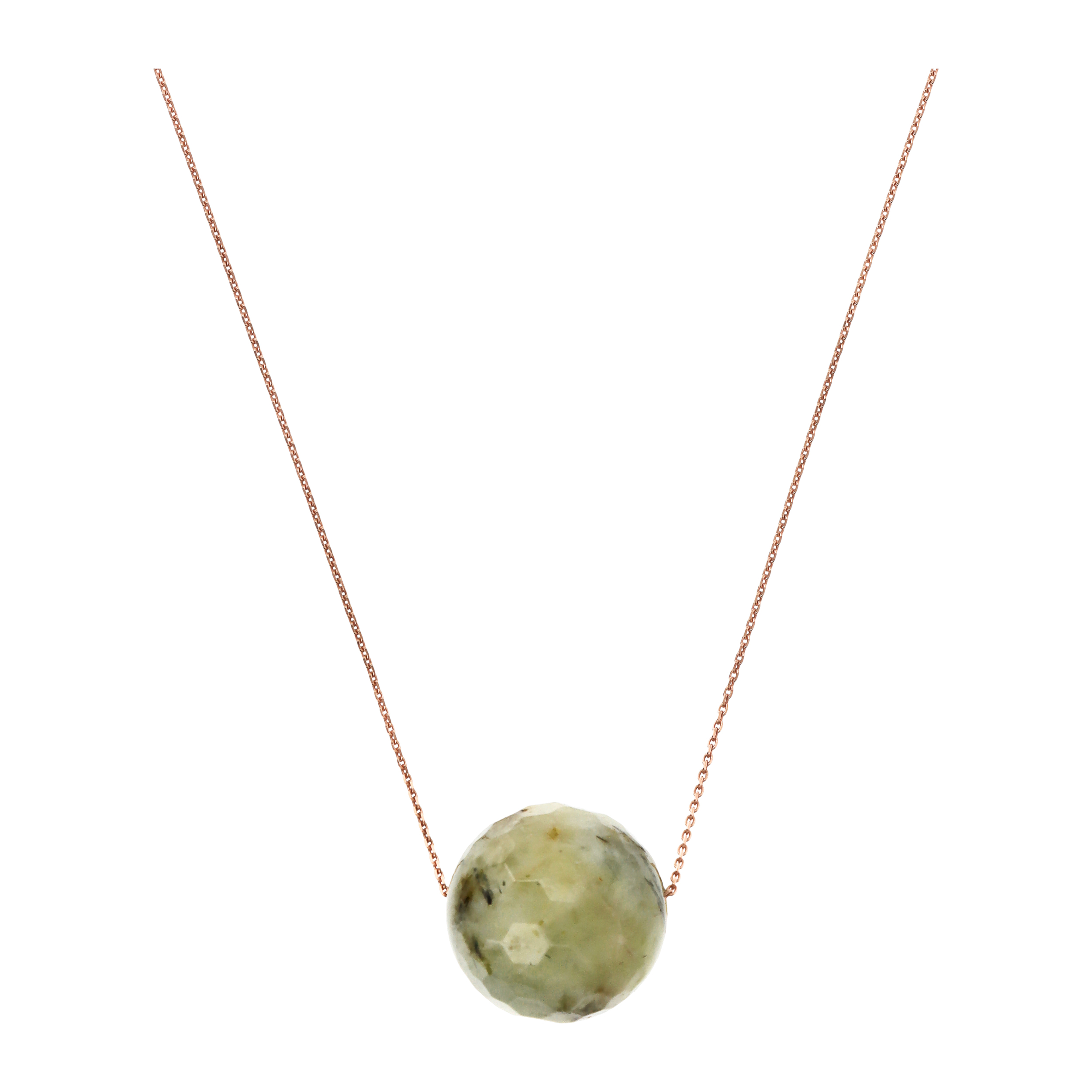 Collana Catena Rolo con Pendente Sferico in Pietra Naturale Prehnite Grigia in Argento 925 placcato Oro rosa 18Kt