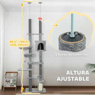 Árbol para Gatos de Suelo a Techo de 225-255 cm Árbol Rascador para Gatos con Altura Ajustable Plataformas Cueva Cama Hamaca Rampa Bolas Juguetes Gris